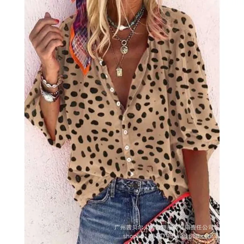 

Spring and Summer Shirt Top Women's New Leopard Print Loose Shirt Women's Casual Half Sleeve Single Breasted V-neck Shirt
