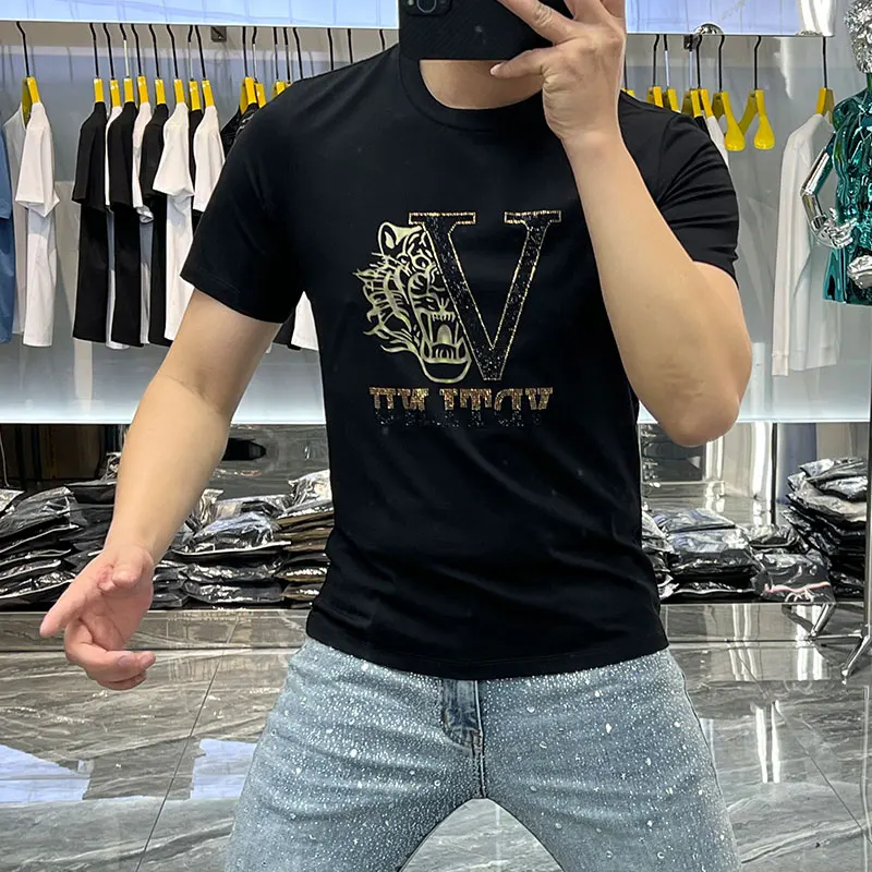 

Luxury Tiger Rhinestones T Shirt Men Summer Short Sleeve Slim Casual T-Shirt Business Streetwear Crew Neck Top Tees Men Clothing