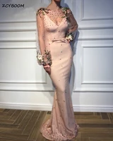 2022 pink mermaid evening dresses women beading formal party long tulle appliques puffy sleeves sequin satin long prom dresses