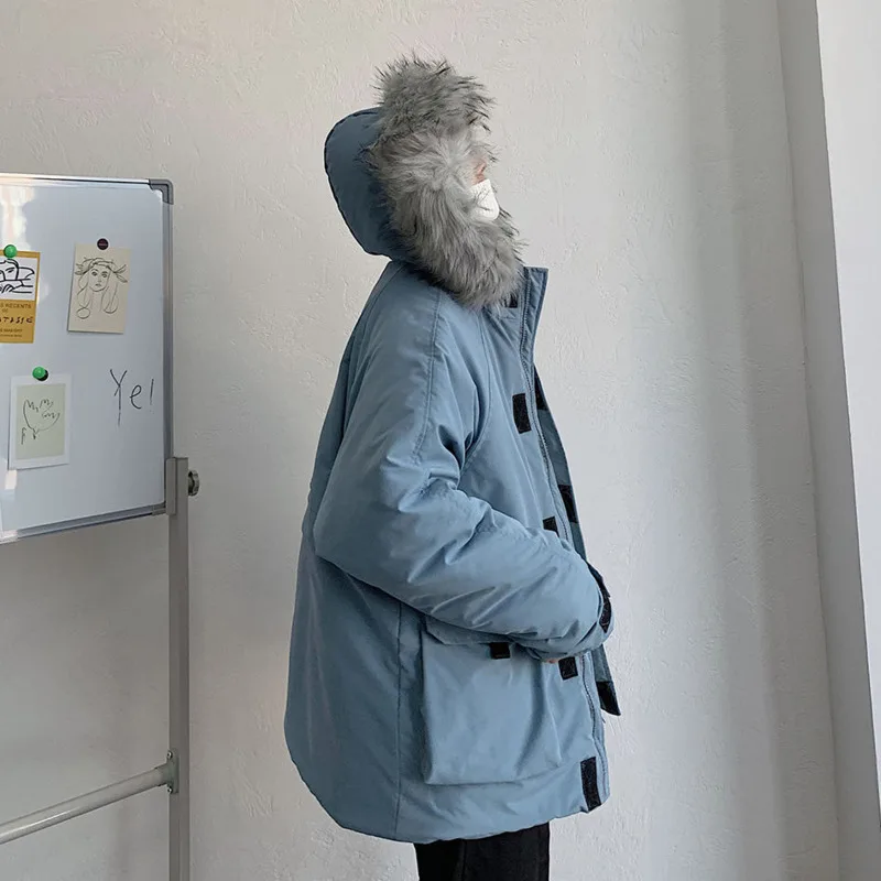 Winter Jacket Men Warm Fashion 3 Colors Casual Fur Collar Hooded Thick Jacket Men Streetwear Loose Short Coat Mens Parker M-2XL