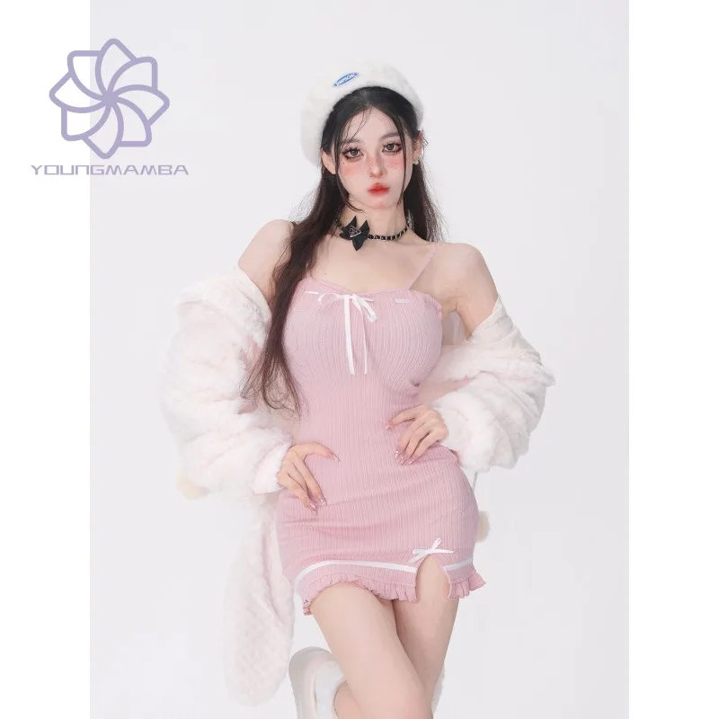 

Pink Rabbit Ear Suits for Women 2023 Autumn Winter Slim Fit Off Shoulder Mini Dress and Long Sleeve Tops 2 Piece Set