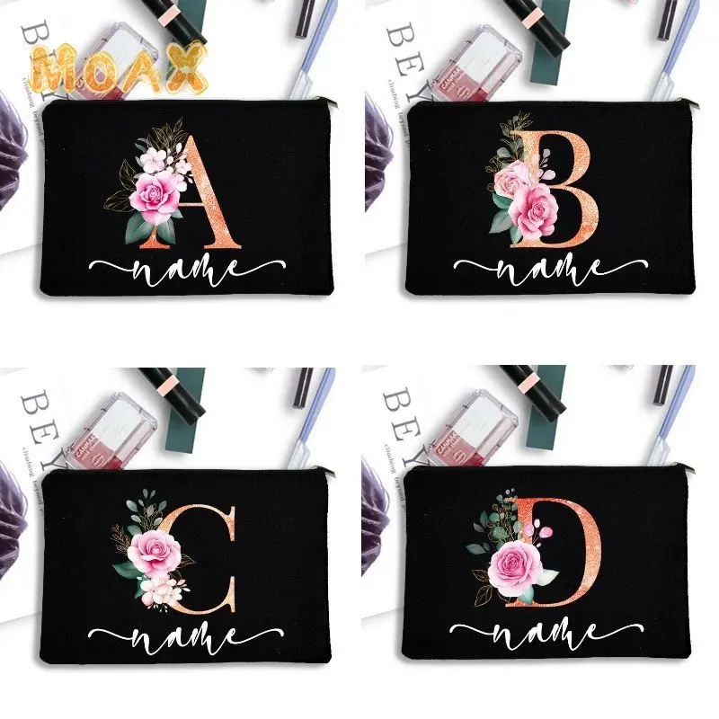 

Customized Your Name Makeup Bag Women Eco Canvas Cosmetic Bags Travel Skin-care Products Storage Zipper Cases Bridesmaid Gift