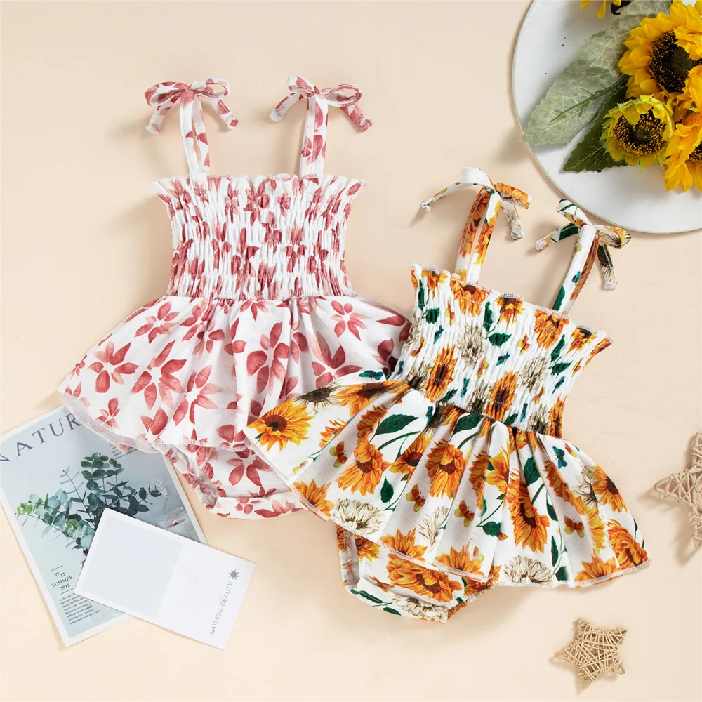 

Baby Girls Cute Summer Dress-Like Romper Sleeveless Floral Sunflower Ruched Infant Toddler Snap Bodysuits 2022 Toddler Clothes