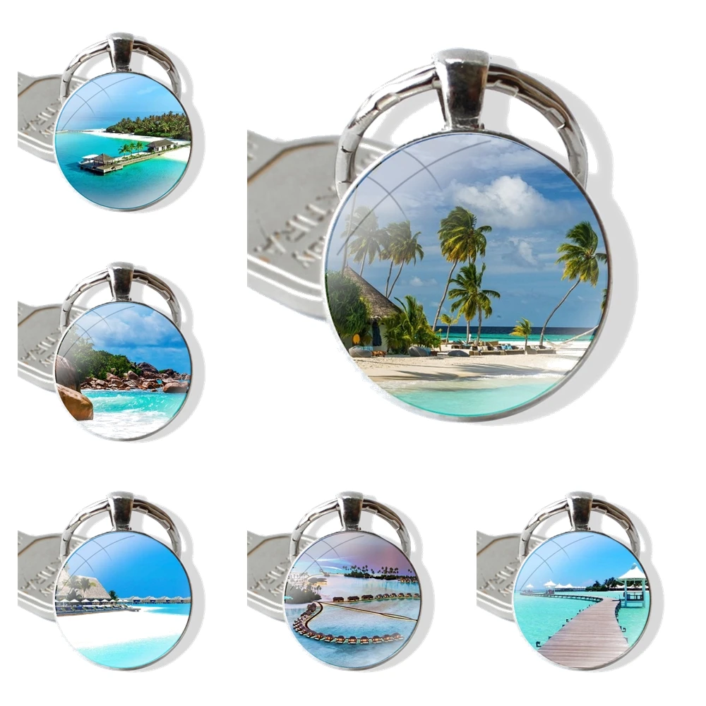 

Брелок для ключей, стеклянная подвеска-кабошон ручной работы, с изображением Мальдивских Островов, пляжей, пятен, модный креативный дизайн, мультяшный дизайн