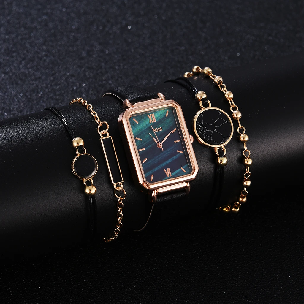 

New 5 Piece Watch Ladies Fashion Square Green Dial Leather Ladies Bracelet Watch Set Quartz Watch Black Clock Women Watches