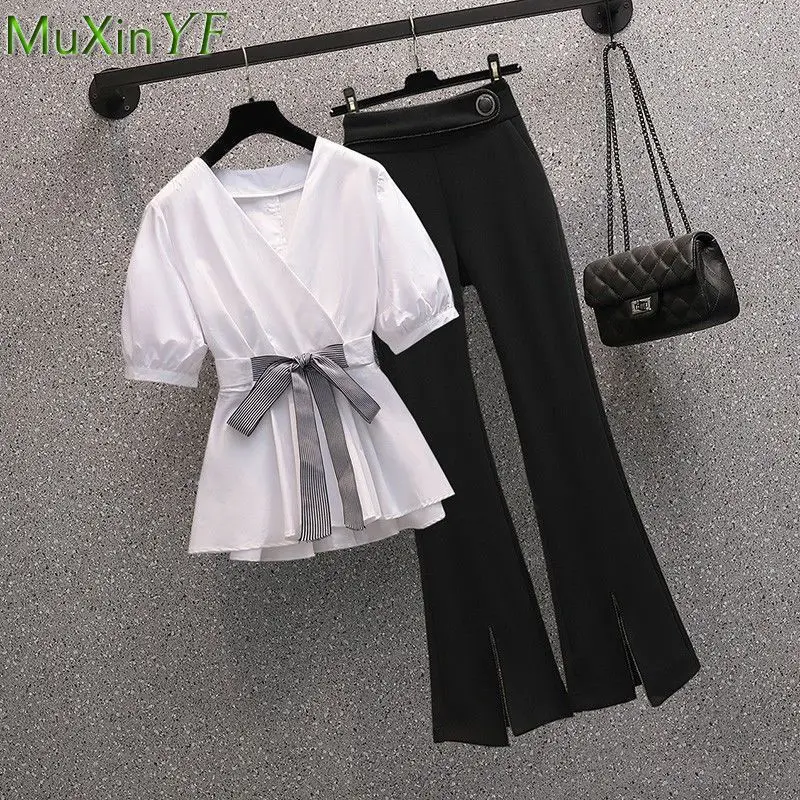

2022 Summer Two Piece Flare Pants Set Lady Graceful White Shirt with Bowknot Waistband Trousers Outfits Women Fashion Streetwear