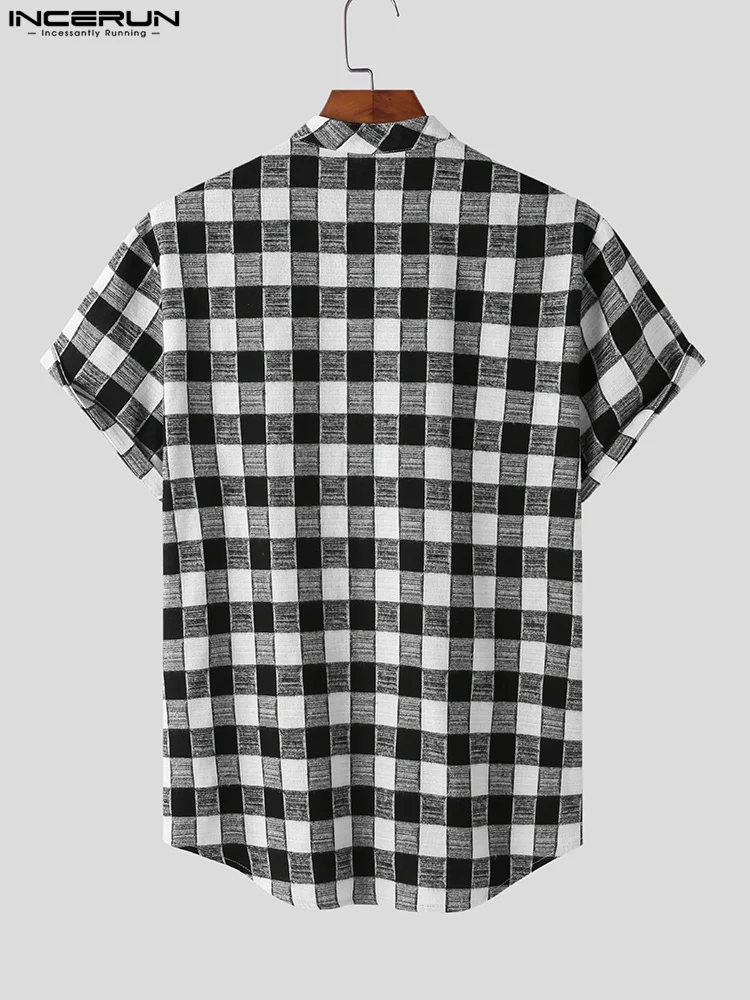 Casual Well Fitting Tops INCERUN New Men Stand-up Collar Blouse Stylish Male Plaid Short-sleeved Lapel Button Shirts S-5XL 2022