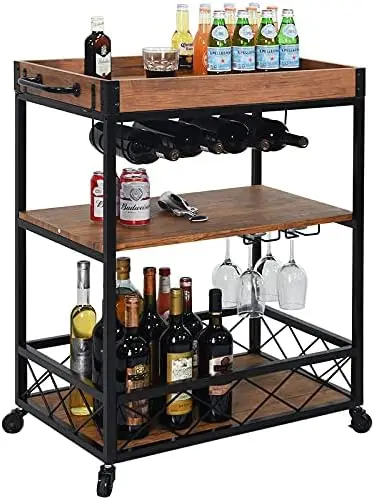 

Industrial Kitchen Serving Carts Rolling Bar Cart with 3 Tier Storage Shelves bar carts for The Home with Wine Glass Holder,Lock