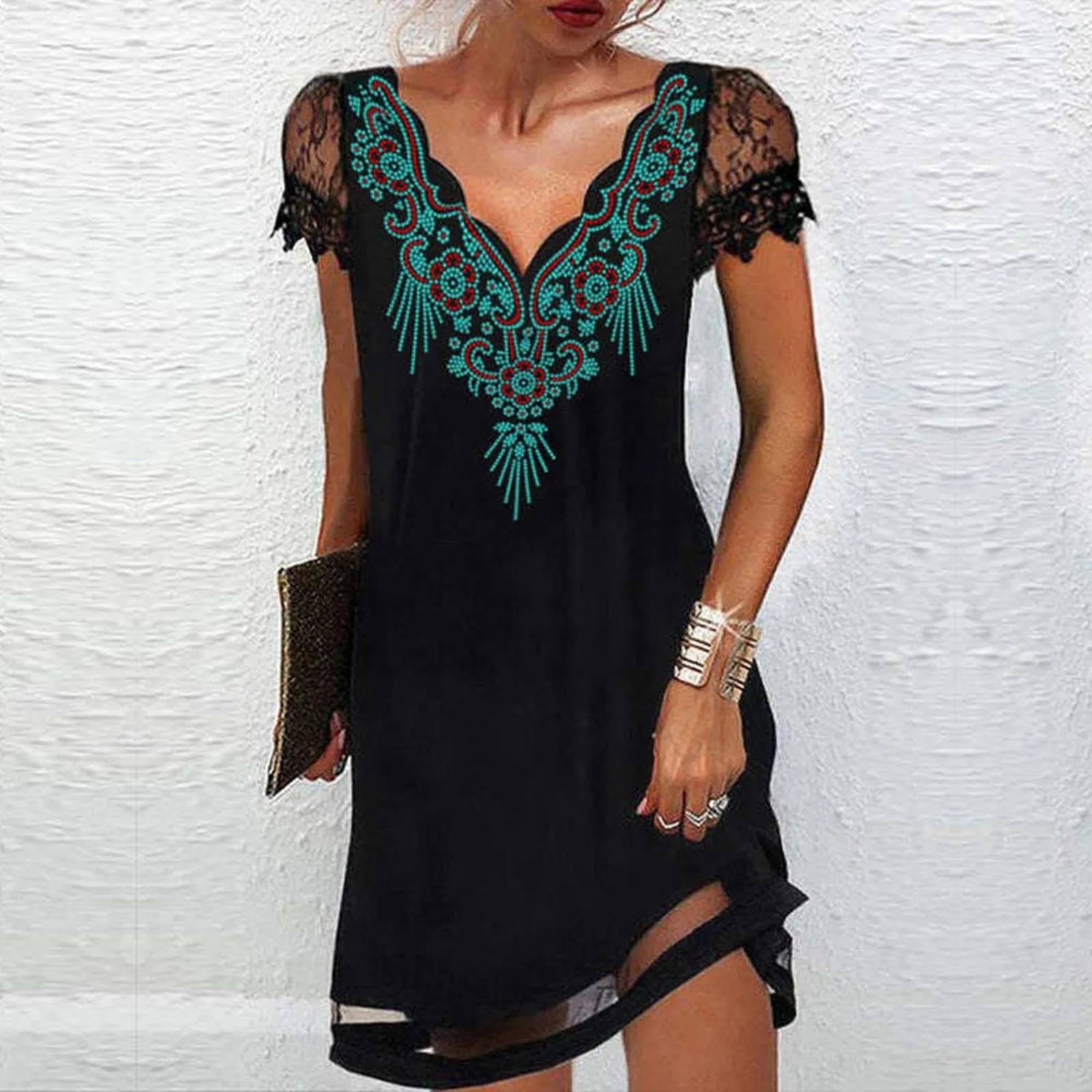 

Women Lace Splice Mini Dress Casual Wavy V Neck Folk Custom Swing Dress Loose Beach Sundress Short Sleeve Summer Vinatge Dress