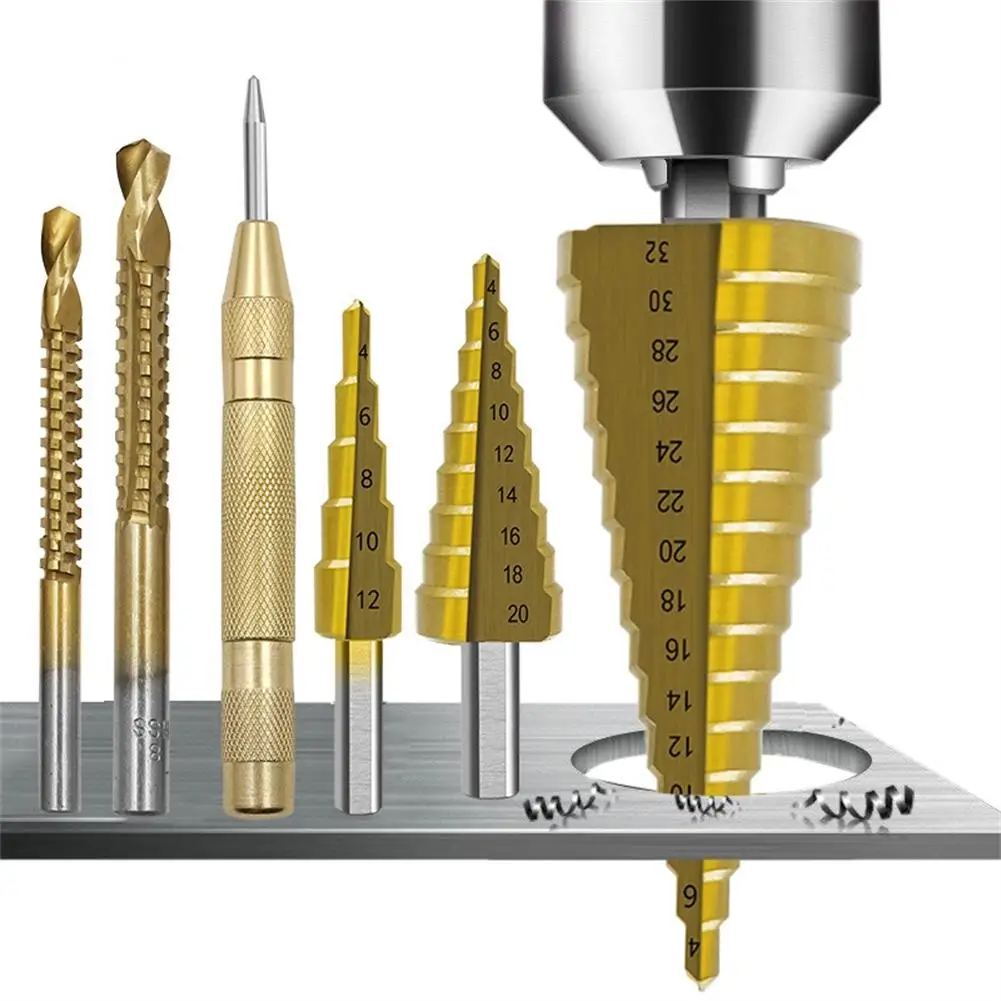 

7pcs Step Drill Bit Saw Drill Bit Center Punch Set High-speed Steel Tools For Wood Plastic Metals Drilling Holes