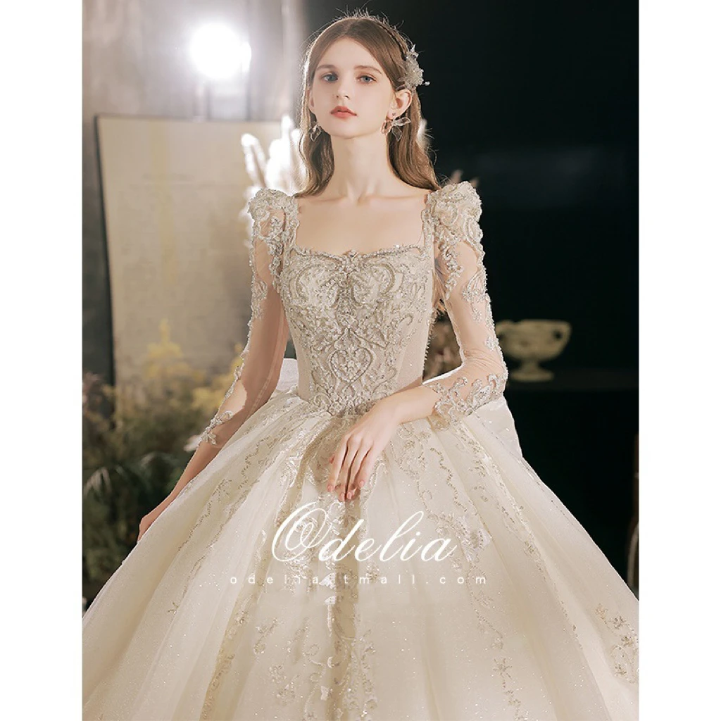 Ivory Luxury Wedding Dress Square Collar Big Bow Applique Beading Sequins Long Sleeve Pearl Illusion Back Party Ball Bridal Gown