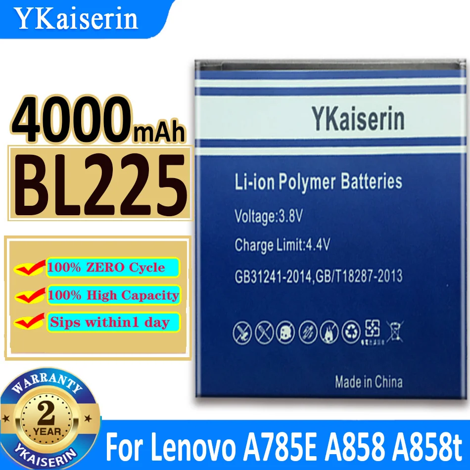 Аккумулятор ykaisсеребрин 4000 мАч BL225 BL 225 для Lenovo A858T A785E S8 A708T A628T A620T A780E A688T S898t + S580 |