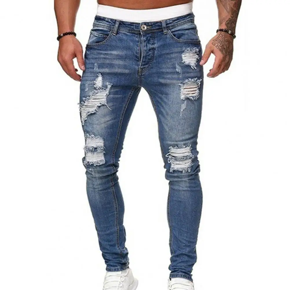 

Terrific Men Jeans Fashion Rips Hole Pockets Mid Waist 2022 Spring Jeans Leisure Denim Pants Long Trousers Streetwear