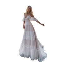 merdelan boho lace applique wedding dress off the shoulder spaghetti strap backless beach bride gowns tulle sweep train vestido