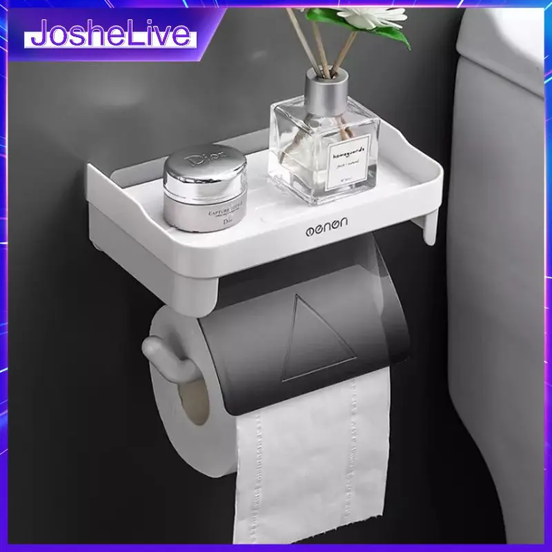 

Wall-mounted Roll Paper Holder With Phone Storage Shelf Plastic Roll Paper Storage Rack Bathroom Accessories Tissue Organizer