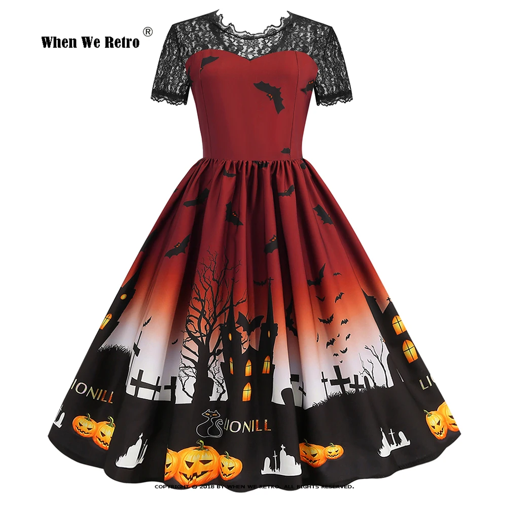 

Lace Patchwork Halloween Christmas Dress Women Short Sleeve 50S 60S Vintage Party Costumes Elegant Evening Prom Dresses RS1218