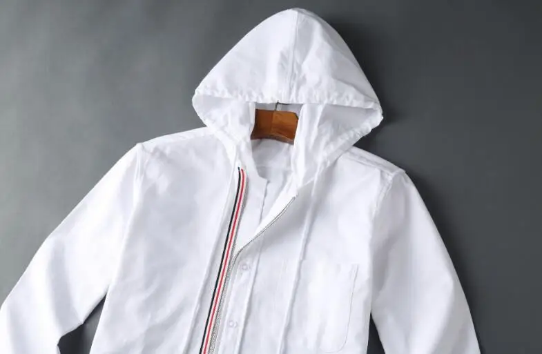 TB Man Windbreaker New Shirts Men Slim White Long Sleeve Casual Hooded Shirt Oxford Striped Fabric Solid Men's Clothing