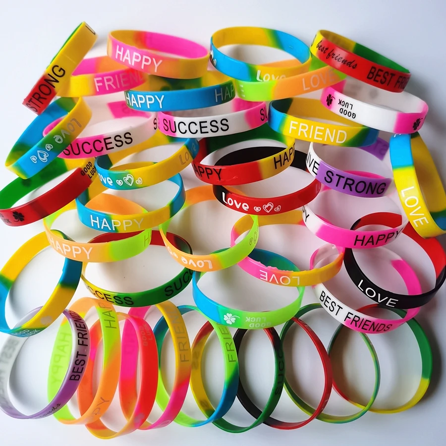 

20PCS Stimulate Enspire Love Good Luck Printed Rainbow Sport Band Silicone Wristbands Bracelets Fashion Women Men Jerwerly Gifts