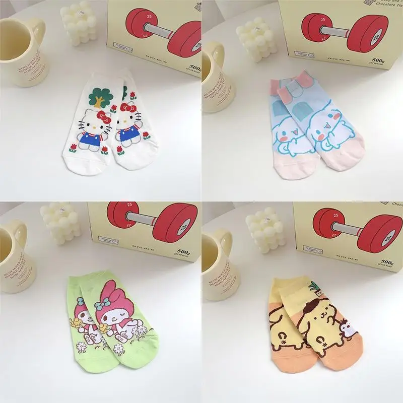 

Носки Короткие Sanrios Kawaii, 2 шт., Hello Kittys Kuromi Cinnamoroll, Мультяшные удобные дышащие хлопковые носки с сердечками для студенток