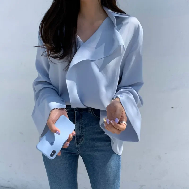 South Korea Chic Korean Series Long Sleeve Blue Shirts for Women, Girl's Design Sense, Elegant, All-Matching, French Sle