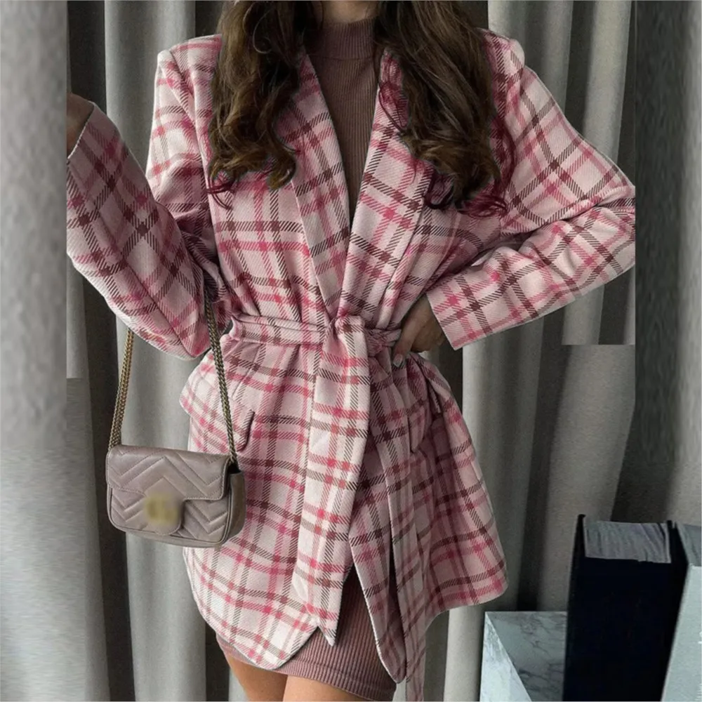 

Women Vintage Plaid Print Trench Coat For Women 2023 Autumn Winter Casual Long Sleeve Pocket With Belt Elegant Jacket Coats