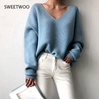 new v neck vintage women sweaters chic blue knitted tops pullovers female irregular spring winter warm jumpers woman fall 2022