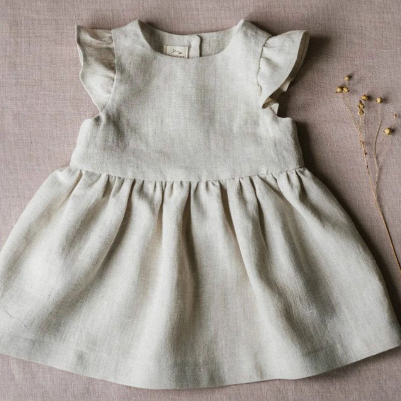 

European Style Linen Flying Sleeve Baby Girls Dress Solid Color Cute Infant Girl Princess Dress Newborn Clothes