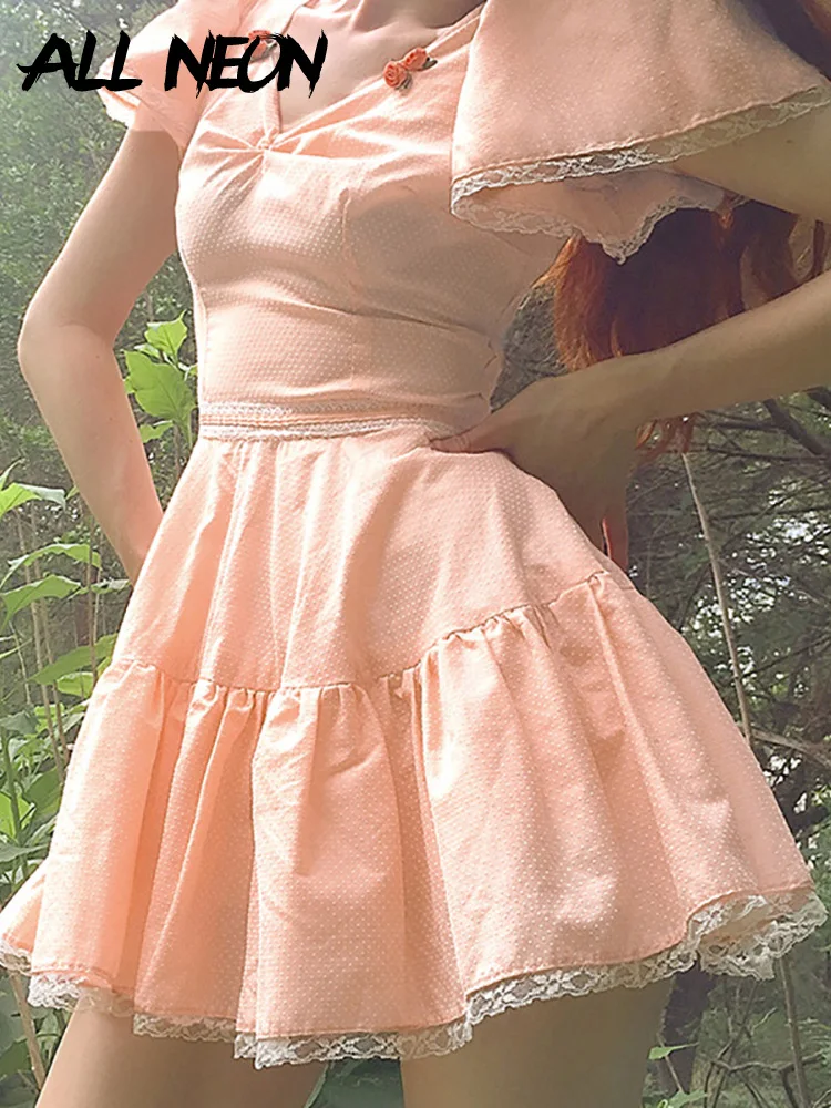 

ALLNeon Kawaii Y2K Fashion Polka Dots Ruffles Babydoll Dress Fairycore Aesthetics Cute Flowers Trim Puff Sleeve A-line Dresses
