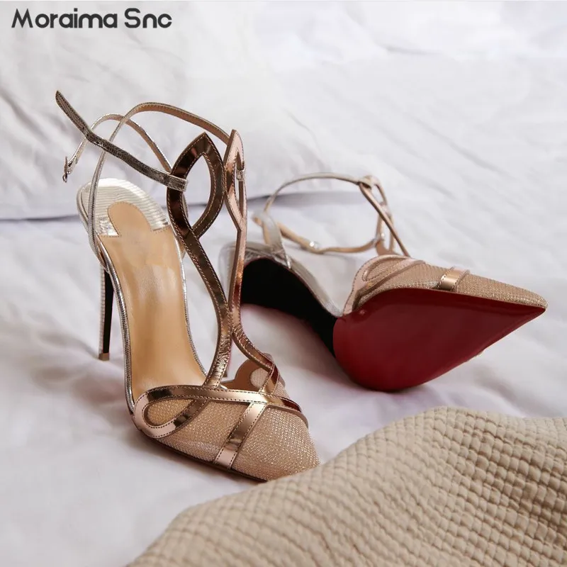 Transparent Mesh Rhinestone Sandals Summer New French Ankle Buckle with Pointed Toe Stiletto High-Heeled Temperament Sandals