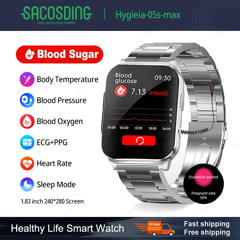 

Non-invasive Blood Glucose ECG+PTT Smart Watch Men 1.83" Screen Blood Pressure Oxygen Body Temperature Smartwatch 60+Dials Watch