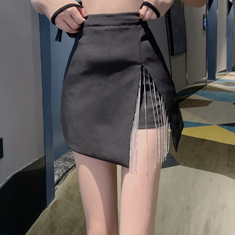 

High Waist Skinny A-line Women Skirts Summer Oversize Tassel Split Elegant All-match Flash Diamond Rhinestone Chain Slim Skirt
