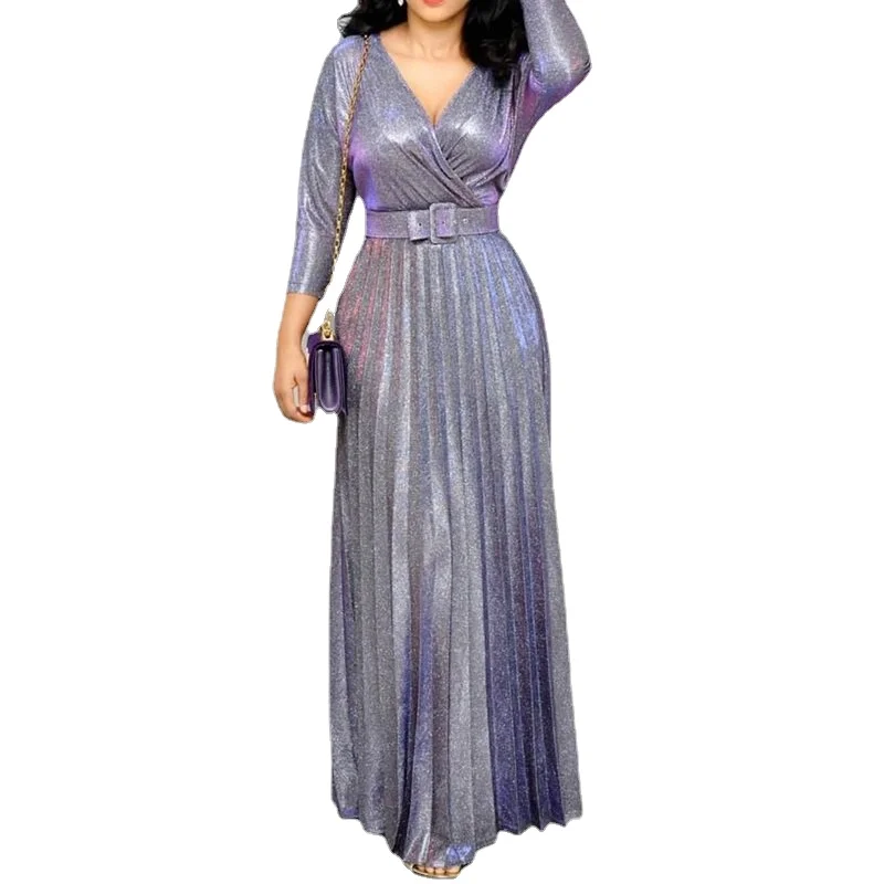 

Hot Reflective Long Dress Women Pleated Sexy Deep V Neck Elegant Spring High Waist Belt Glitter Evening Party Pink Maxi Dresses