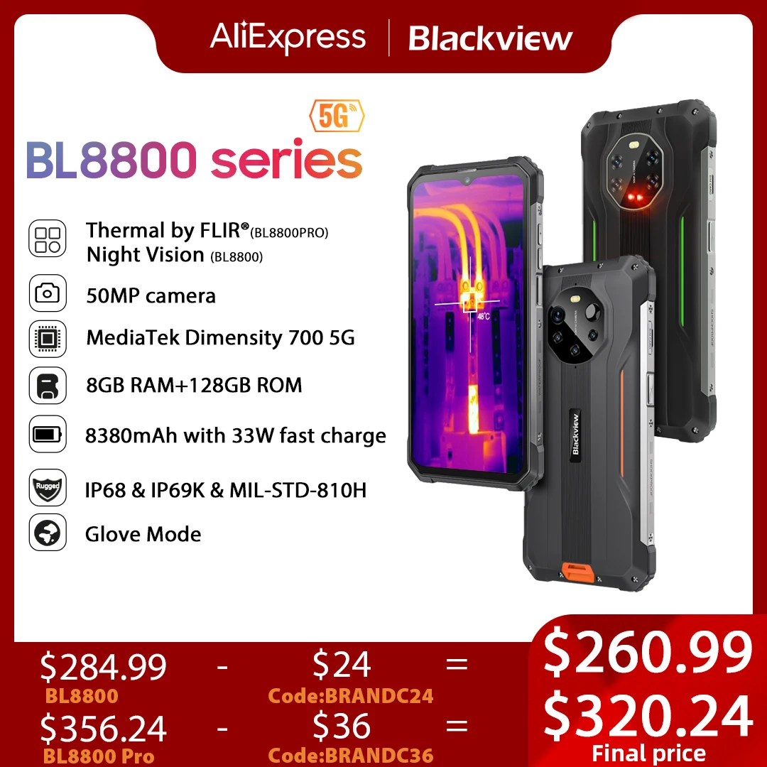 Blackview BL8800 Night Vision & BL8800 Pro 5G Rugged Phone Thermal Imaging Camera FLIR® Smartphone 6.58'' 8GB+128GB Cell Phone