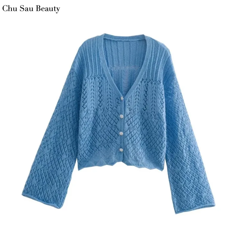 

New Women Faux Jeweled Button Knit Jacket Fashion V-Neck Single Breasted Long Sleeve Cutout Sweater Loose Casual Street Style