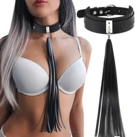 black leather gothic long tassels choker necklace women spiked rivets chokers statement chocker collar harajuku punk jewelry