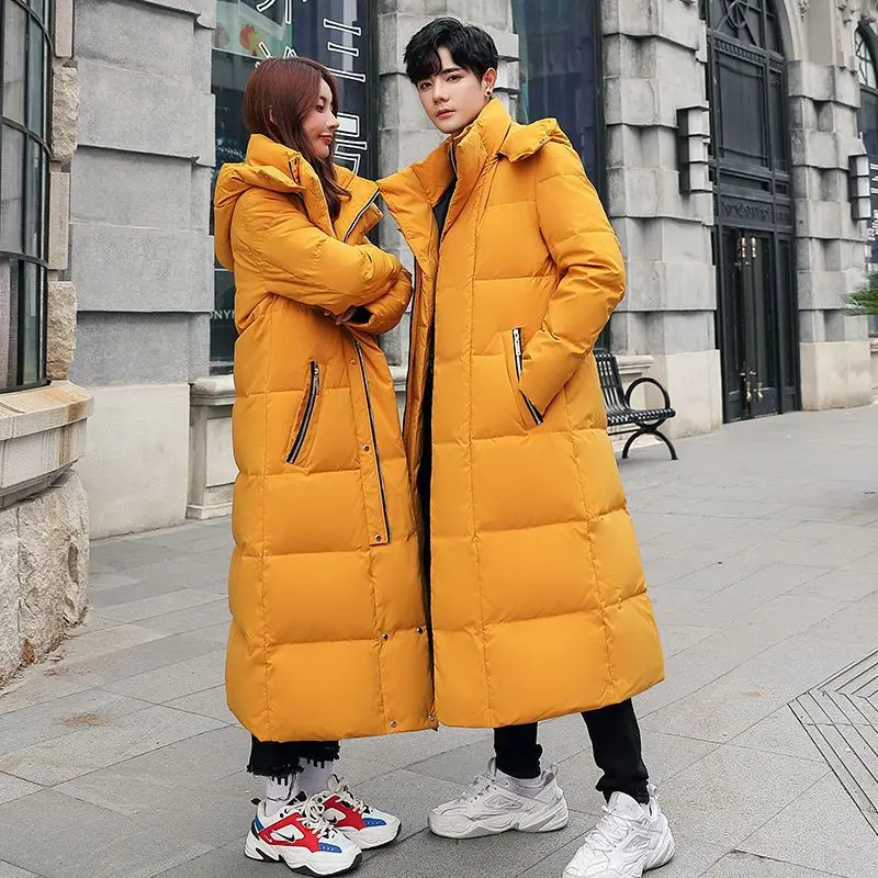 2022 New Winter Women Men Long Down Cotton Coats Hooded Thick Warm Padded Parkas Female Clothing Outerwear Solid Black Red Top
