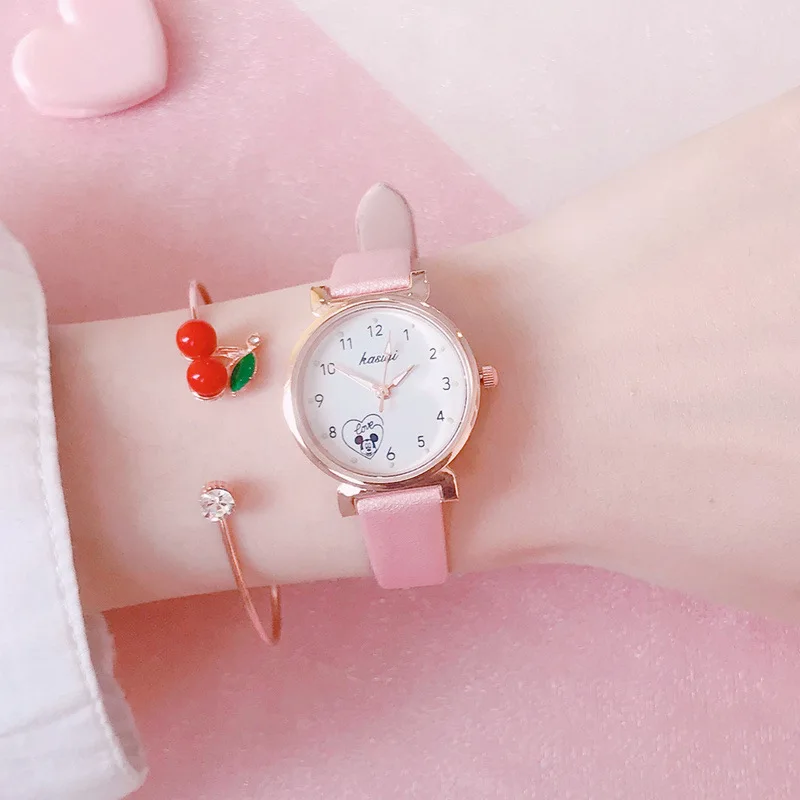 

Fashion Round Quartz Cartoon Charactar Pattern Dial Casual Watches Leather Strap Clock for Waterproof Wristwatch for Women