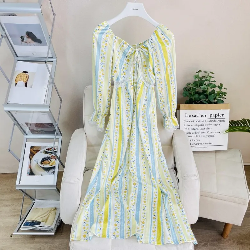 Female Long Nightgown Sleepwear Retro French Palace Style Nightdress Bathrobe Gown Loose Print Flower Lace Home Wear Nightwear