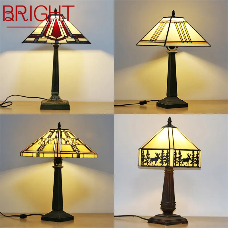 

BRIGHT Tiffany Glass Table Lamp LED Modern Creative Square Read Desk Light Decor For Home Study Bedroom Bedside