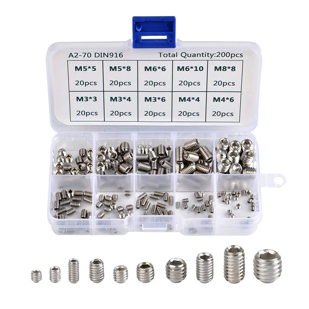 

200 Piece Stainless Steel Allen Key Screw Set Including 10 Sizes M3/M4/M5/M6/M8 Hex Drive Cup Tip Locator Screws