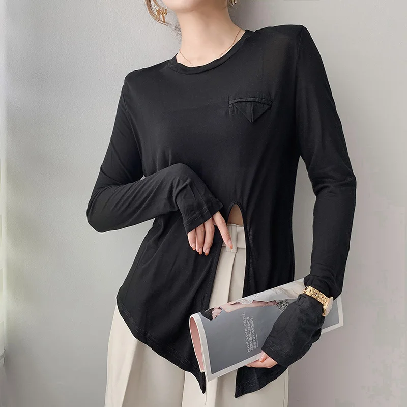 

Women Casual O-neck Long Sleeve Slim T-shirts New Fashion Summer Sunscreen Tshirt Ladies Chic Irregular Slit Tops Streetwear Pop
