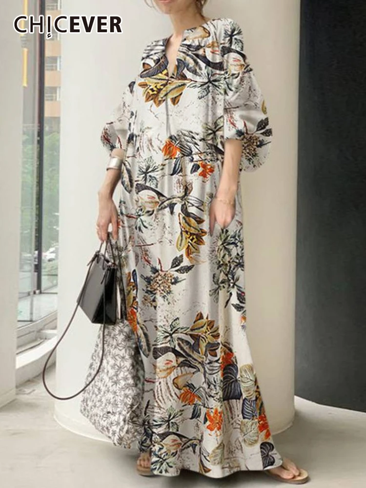 

CHICEVER Повседневное платье с принтом для женщин, с v-образным вырезом, с рукавом до локтя, свободные, цветные, миди платья, женская модная одежд...