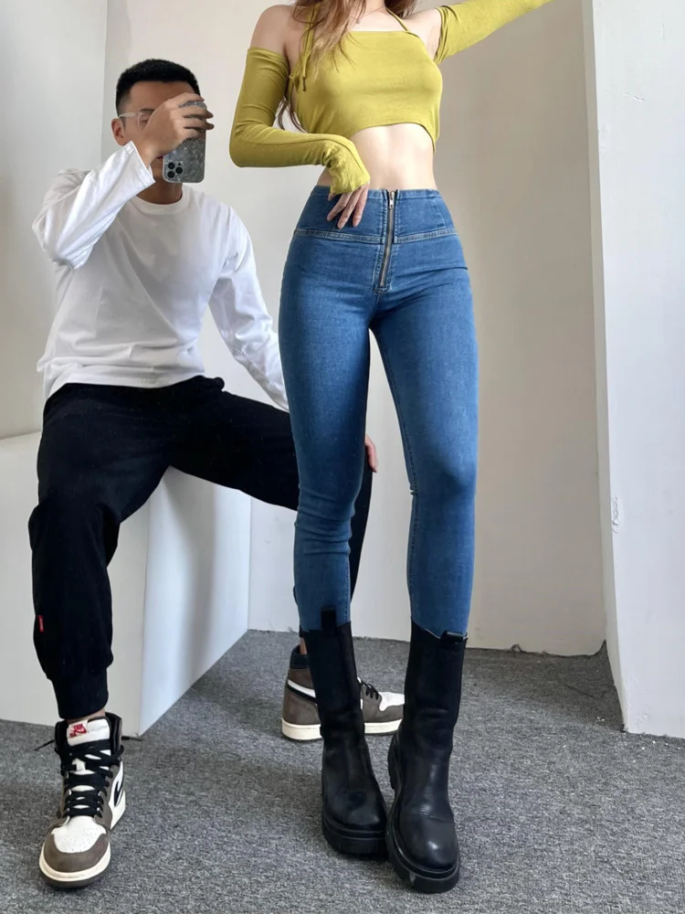 

Autumn Sweet 2022 Spring And Solid Color High Waist Stitching Trend Temperament Denim Pencil Pants Elastic Tight Women's PEAP