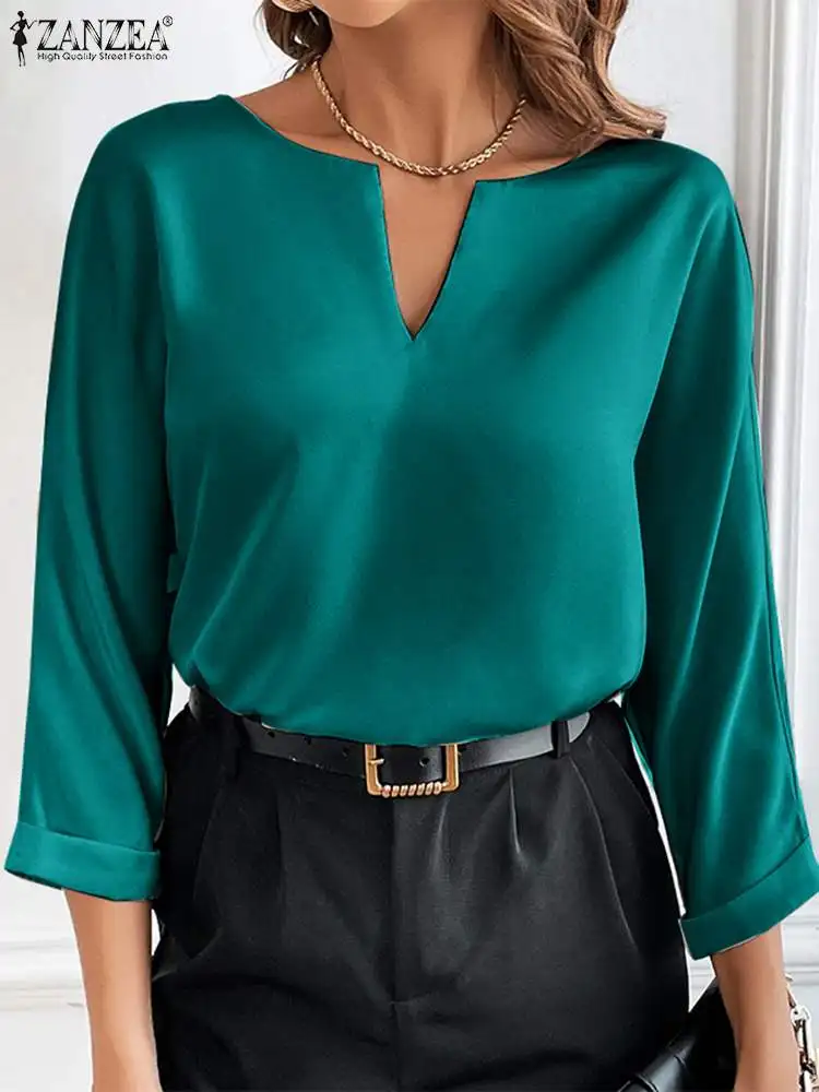

ZANZEA Female Summer Casual Loose Chemise Stylish Satin Women's Blouse Solid Color V-Neck Tops Short Sleeve Vintage Work Shirt