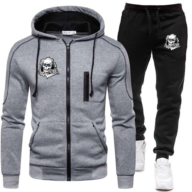 

Autumn Winter Men Sets Tracksuit Men's Zipper Hoodies + Sweatpants Cartoon Skull Print Two Piece Suit Hooded Casual Male Clothes