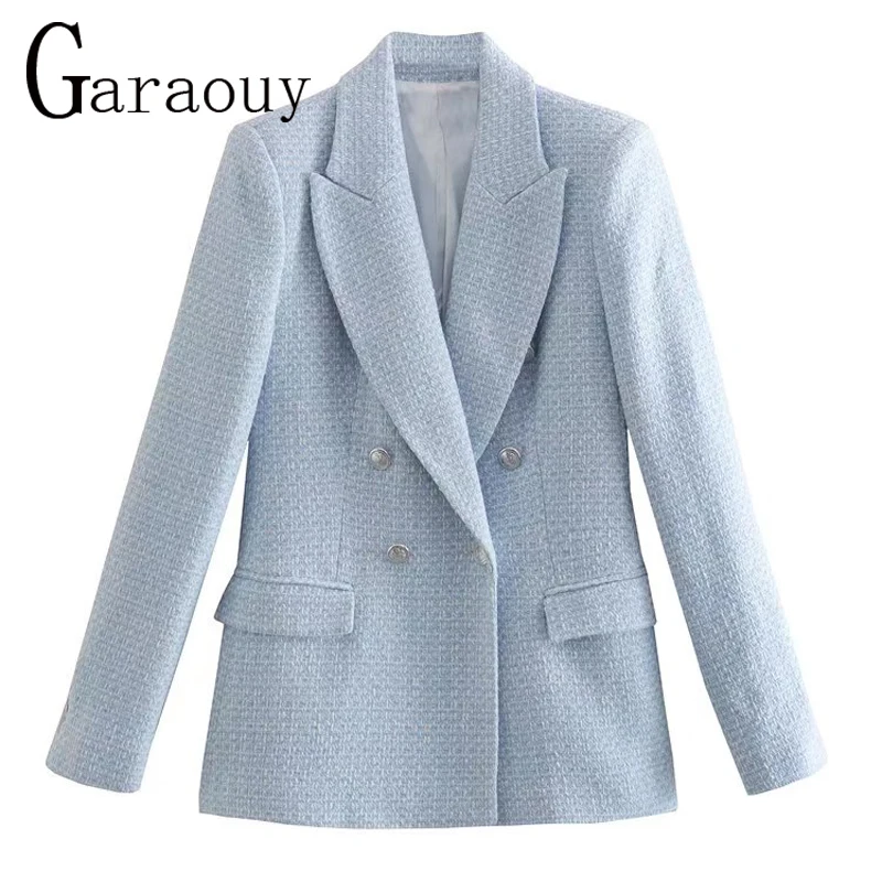 

Garaouy 2022Autumn New Casual Women Tweed Blazer Vintage Office Lady Jacket Coat Double Breasted Outerwear Female Chic Top Mujer