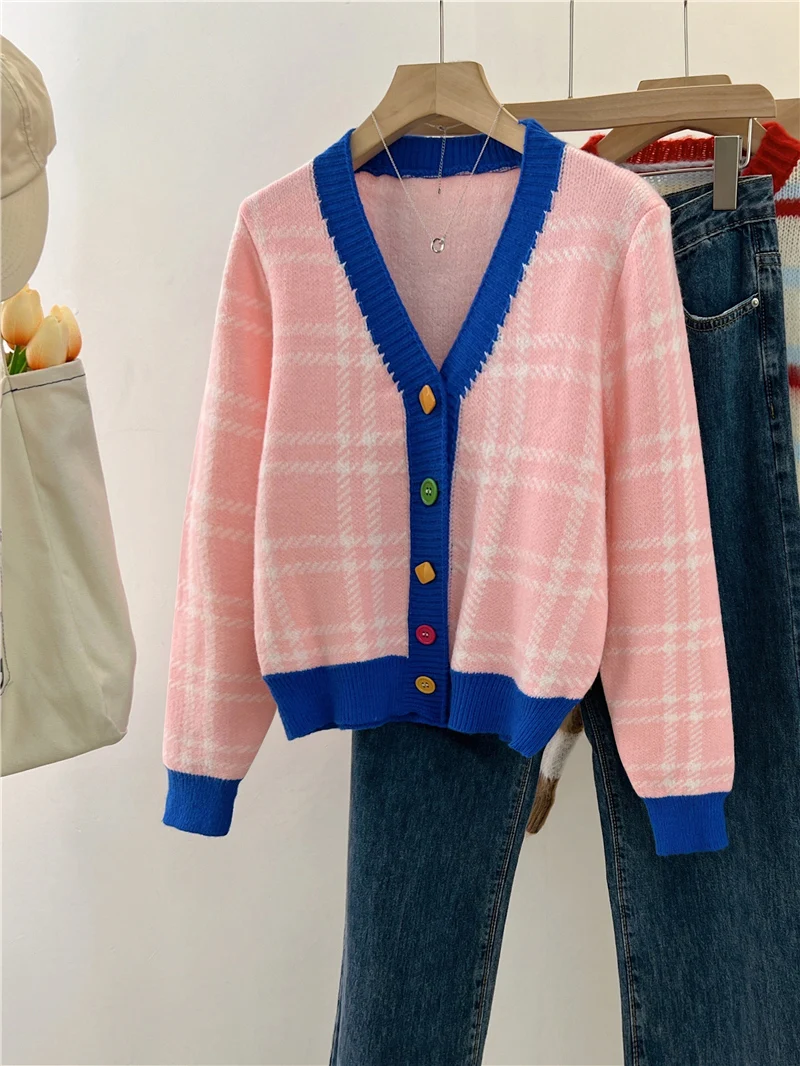 

Pink Plaid Knitted Cardigan Sweater Women Long Sleeve V-neck Knitwear Autumn Winter Solid Fashion Loose Ladies Jumpers Tops 2023