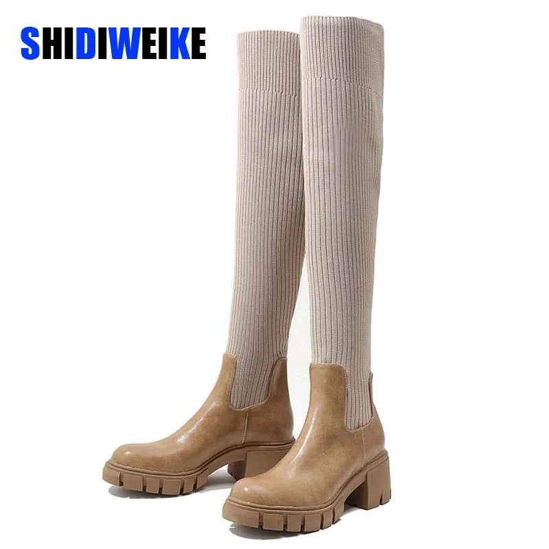 

Women's Over The Knee Boots Knitted Autumn Fashion Female Platform Boot Splicing Ladies Sock Shoes Woman Long Boots plus size