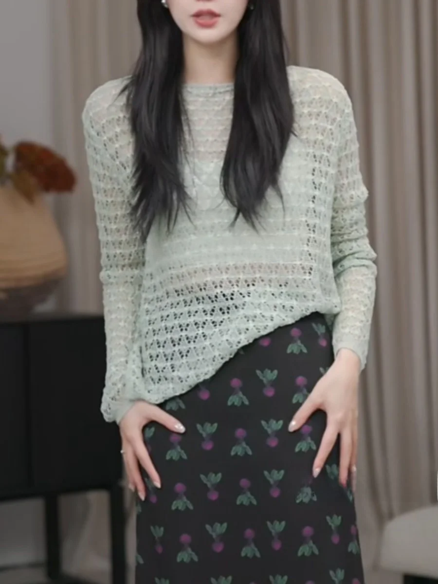 Женская зеленая вязаная рубашка 2024 летняя повседневная модная элегантная с