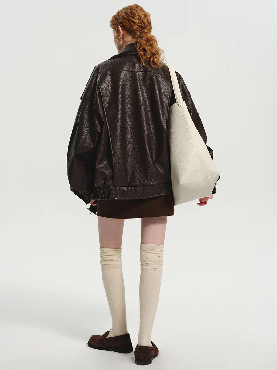  плюс коричневое кожаное пальто Emed верхняя одежда женская ретро-профильная